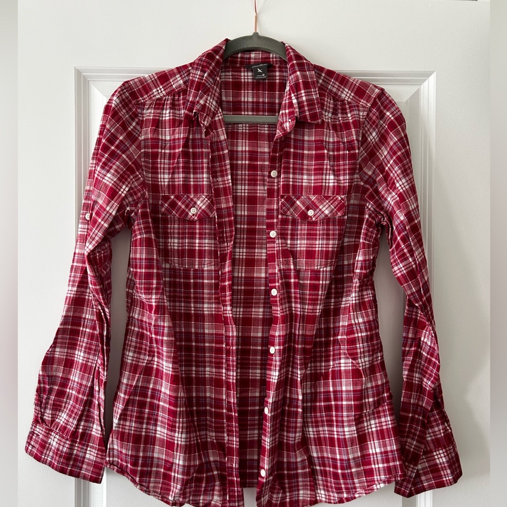 Eddie Bauer Women's Red and White Plaid Shirt